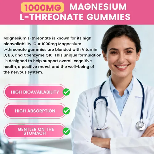 Vista 6 de Gomitas de magnesio L-treonato de 1000 mg para niños y adultos, suplemento de treonato de magnesio con vitamina D, B6 y coenzima Q10, apoyo