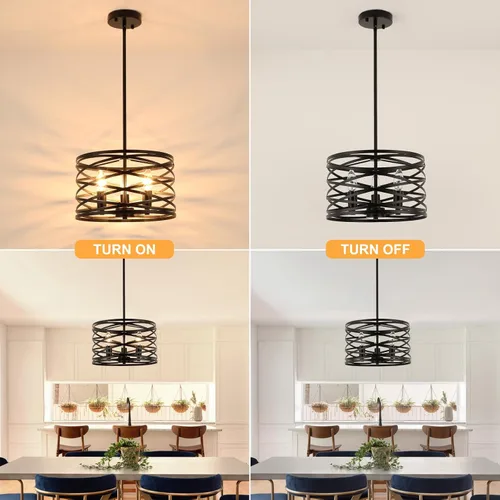 Vista 6 de Candelabros de granja para comedor, iluminación colgante de 3 luces para isla de cocina, tambor negro, lámpara rústica para colgar en el techo