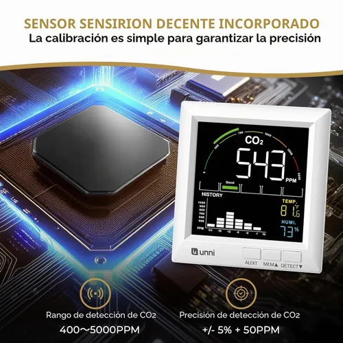 Vista 2 de Monitor de CO2 U UNNI Detector de Dióxido de Carbono para el Hogar, 3 Volumenes Ajustables para Alertas y 3 Retroiluminación Ajustable, Sensor
