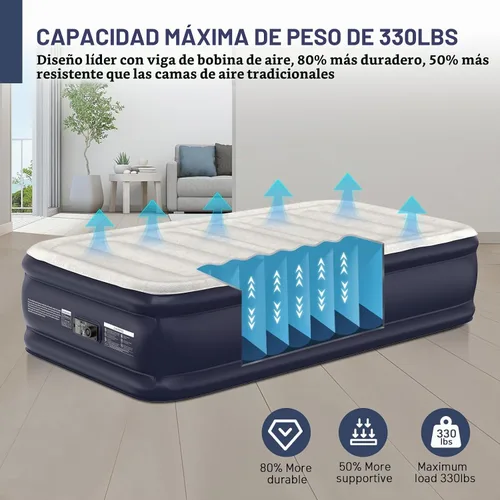 Vista 4 de Colchón de aire individual con bomba incorporada, colchón hinchable elevado de 18'' con autoinflado/desinflado en 2 minutos, colchón inflable