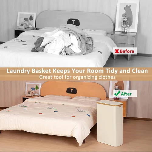 Vista 3 de iEGrow - Cesta de lavandería delgada de 65L, cesta de lavandería estrecha con tapa, cesta de ropa plegable con asas de bambú, cesta de lavandería