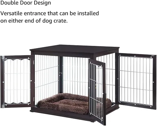Vista 5 de unipaws - Mesa auxiliar estilo mueble con cojín para perros de 36 pulgadas, jaulas de alambre de madera para mascotas con puertas dobles, casa Marrón
