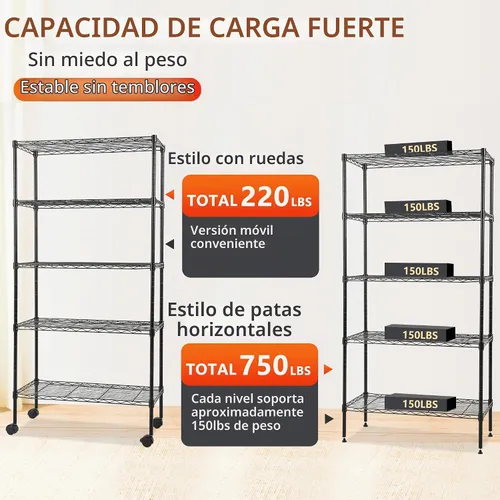 Vista 6 de FDW Estante de metal ajustable de 5 niveles con ruedas, capacidad de 250 libras, fácil montaje, ideal para espacios pequeños Negro