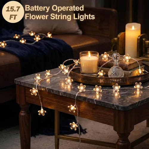 Vista 5 de ITICdecor Guirnalda de luces de flores de 15 pies, 30 luces LED de hadas de Navidad con pilas, para interiores y exteriores, iluminación