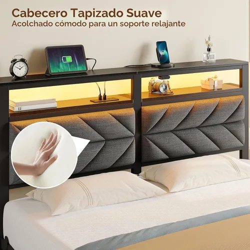 Vista 4 de Seventable Base de cama individual con estación de carga y luces LED, cabecera tapizada con estantes de almacenamiento de 2 niveles, plataforma