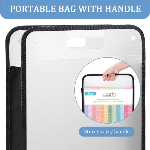Vista 6 de Caydo Organizador de papel para álbum de recortes, paquete de 3 folios de papel expandible negro con asa, almacenamiento de papel portátil