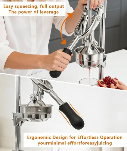 Vista 4 de Exprimidor manual profesional de mano – Exprimidor de cítricos de acero inoxidable resistente para naranja, limón y granada con base estable y taza