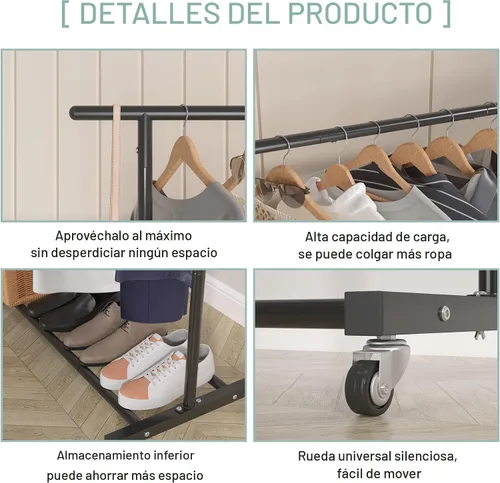 Vista 6 de Sywhitta Perchero de Ropa de Doble Barra Rodante, Organizador de Ropa con Ruedas para Colgar Ropa, Fácil de Ensamblar, Ajustable, Negro