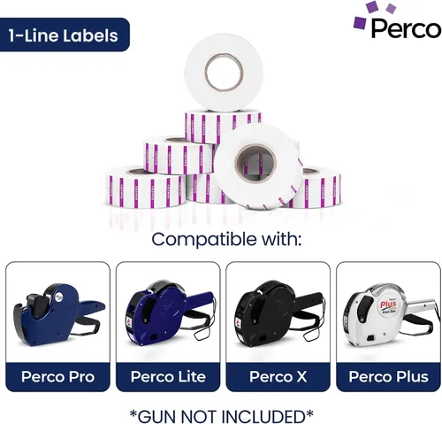 Vista 2 de Perco 1 línea de impresión inversa morada en etiquetas blancas de panadería, 8,000 etiquetas para pistolas Perco Lite, X, Plus y Pro, con diseño a