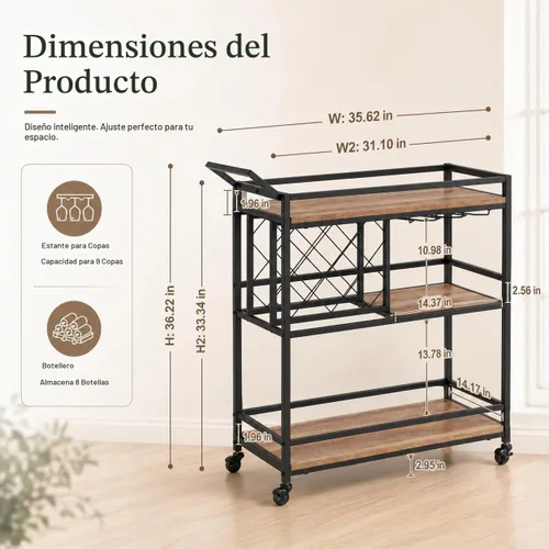 Vista 2 de FATORRI Carrito de bar para el hogar, carritos de vino rodantes sobre ruedas con estantes de madera de 3 niveles, carrito de bebidas de licor
