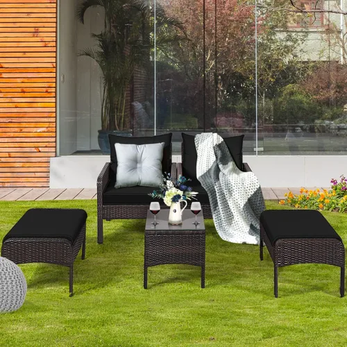 Vista 7 de Juego de muebles de mimbre para patio, juego de conversación de mimbre modular para exteriores con 2 otomanas y mesa de centro de vidrio templado