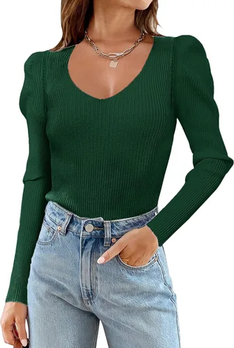 Vista 2 de Zeagoo Suéteres de cuello en V para mujer, estilo casual, manga abombada, color liso, suave, ajustado
