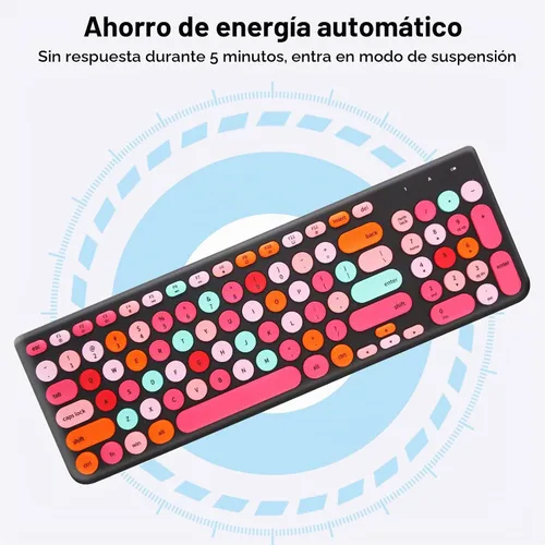 Vista 3 de Combo de teclado y mouse inalámbricos, teclado retro de máquina de escribir con teclas redondas, teclado inalámbrico USB de 2.4 GHz lindo