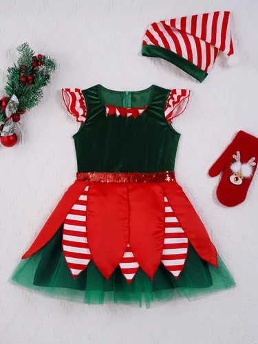 Vista 3 de YiZYiF Vestido de Navidad para niños, disfraz de elfo, terciopelo de manga larga, Papá Noel, juego de rol, vestidos de fiesta