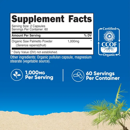 Vista 2 de Nutricost Saw Palmetto 1000 mg, 120 cápsulas – Certificado CCOF fabricado con palma enana americana orgánica, apto para vegetarianos, 60 porciones