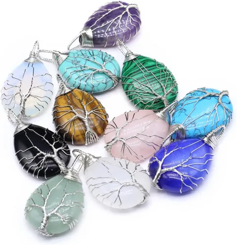 Vista 7 de 4 colgantes de piedra natural con forma de gota de agua al azar, cristal curativo, ágata de árbol de la vida, dijes para hacer joyas, collares