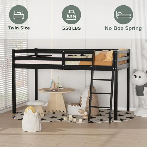 Vista 5 de VINGLI - Cama tipo loft baja de 47'' para junior con escaleras, cama de madera tamaño individual para adultos, niños y adolescentes jóvenes, sin