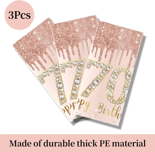 Vista 4 de Pack de 3 manteles de cumpleaños número 70 para mujer, rosado y dorado, mantel de plástico desechable rectangular para fiesta de cumpleaños número