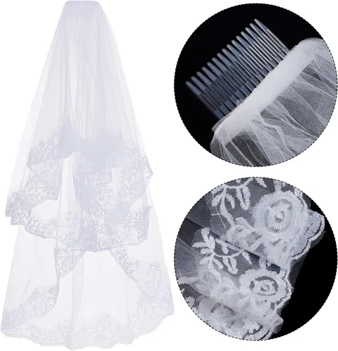 Vista 5 de jiebor Velo de encaje blanco velo de novia velo de novia velo de Halloween con guantes para mujeres y niñas, novias, bodas, despedidas de soltera