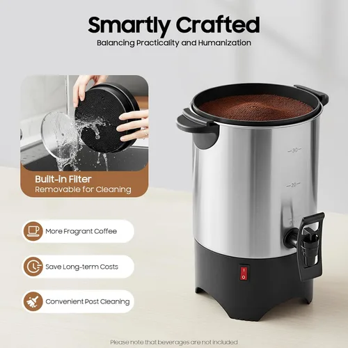 Vista 6 de Cafetera de acero inoxidable de 5.2L, cafetera comercial grande de 30 tazas, preparación rápida, percoladora de café de doble pared de 86.0-212.0