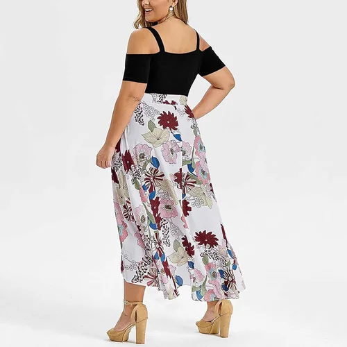 Vista 2 de Vestidos de verano para mujer 2023, talla grande, casual, estampado floral, bohemio, asimétrico, hombros descubiertos, cuello en V, vestido largo