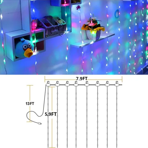Vista 2 de YEOLEH Guirnalda de luces de cortina, luces de cortina de alambre de cobre impermeables con control, 8 modos de luces USB enchufables, buenas