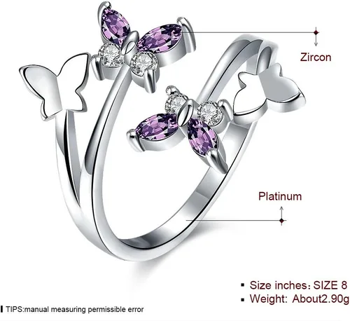 Vista 2 de MAIHAO Women's Adjustable Size 925 Sterling Silver Butterfly White Birthstone CZ Butterfly Shape Purple Austrian Crystals Rings