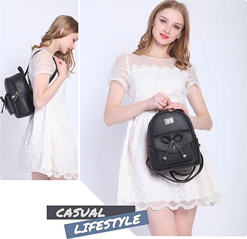 Vista 8 de Mochila pequeña para niñas y mujeres, de cuero, a la moda, para el día a día, Negro), .