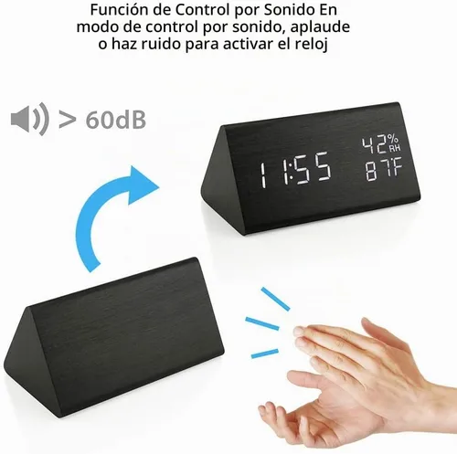Vista 6 de OCT17 Reloj de alarma de madera, reloj digital LED inteligente para dormitorio/escritorios, actualizado con hora, temperatura, brillo ajustable