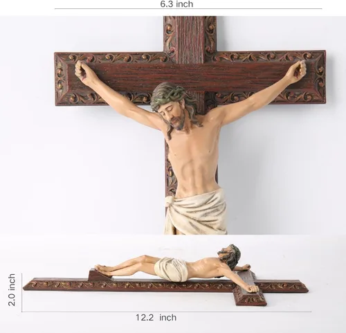 Vista 6 de Crucifijo católico BC de pared, cruz de Jesucristo, regalo religioso devoto, aspecto tallado en madera, 12 pulgadas de alto, pintado a mano por