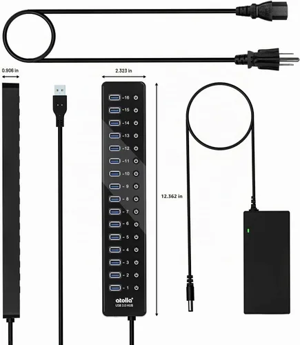 Vista 7 de Hub USB 3.0 de alimentación, divisor USB atolla de 16 puertos con adaptador de corriente de 12 V/6 A e interruptores individuales, transferencia