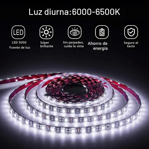 Vista 3 de ALITOVE Tira de luz LED blanca 5050 SMD de 16.4 pies 5050 SMD de 12 V, tira de luces LED flexible de 16.4 ft, 300 LED, impermeable, IP65 DC