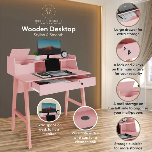 Vista 6 de Crafts and Comfort - Escritorio Pequeño Roma de Diseño Moderno para Dormitorio, Escritorio de Escritura Rosa de 40 Pulgadas con Estante Superior