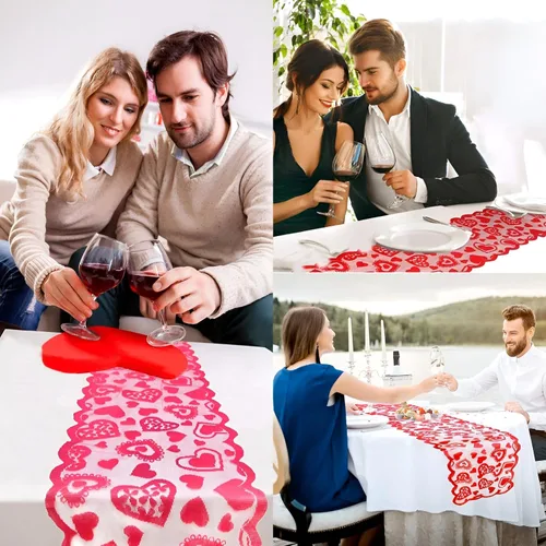 Vista 5 de JOYFISCO Camino de mesa para decoración del día de San Valentín, camino de mesa de encaje con corazón rojo para bodas, decoraciones de San Valentín