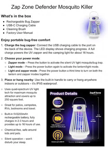 Vista 7 de Zap Zone Defender Bug Zapper Exterminador de mosquitos recargable