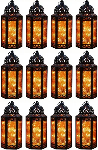 Vista 63 de VELA LANTERNS Juego de 2 portavelas decorativos de LED con luces de hadas de 12" de metal marroquí para colgar o mesa, decoración del hogar