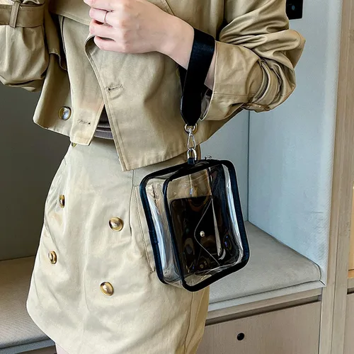 Vista 7 de Mini bolso cruzado transparente con monedero para mujer, aprobado por estadios, bolsa cuadrada de hombro Negro