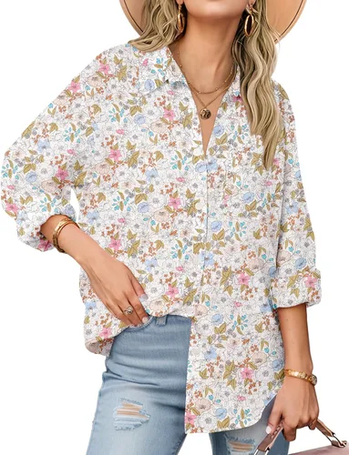 Vista 16 de Zeagoo - Blusas de lino con botones para mujer, de gasa, algodón, manga larga, blusas informales con cuello, corte holgado