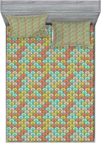 Vista 4 de Ambesonne Orange and Turquoise 2 Pack Fitted Sheet & Pillow Sham Set, Scales, 4 Pcs Bedding Decor, Package Contains 2 Full Size Fitted Sheets & 4