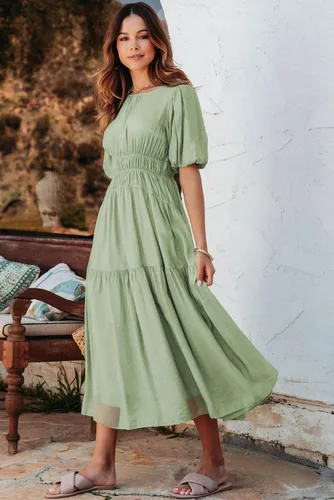 Vista 3 de AlvaQ Vestido de verano para mujer, cuello redondo, manga abombada, casual, fruncido, cintura alta, volantes, acampanado, vestido de verano