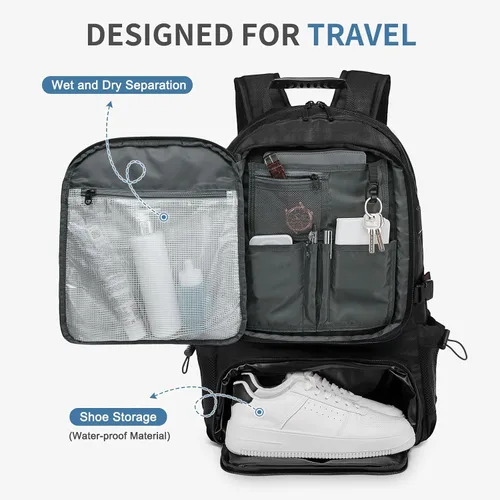 Vista 4 de Mochila de viaje de 45 litros aprobada por la TSA con compartimento para zapatos y separación en seco y húmedo, bolsa para laptop de 18.4 pulgadas