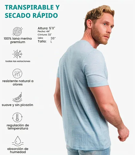 Vista 3 de Camiseta 100% de lana merino para hombre - Camiseta interior de capa base Azul ártico