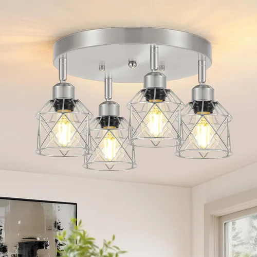 Vista 10 de Baocuz Lámpara de techo semiempotrada de níquel cepillado de 3 luces, luminarias de cocina ajustables montaje al techo base E26, luces de techo