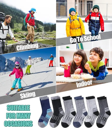 Vista 6 de LINEMIN Calcetines de senderismo de lana merino para niños y niñas, cálidos, gruesos, térmicos, acolchados, para invierno, 6 pares