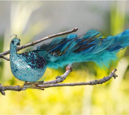 Vista 5 de Adornos de Navidad 2023, plumas de pavo real, pavo real con adorno de purpurina con clip, decoraciones de pájaros falsos para árboles de Navidad