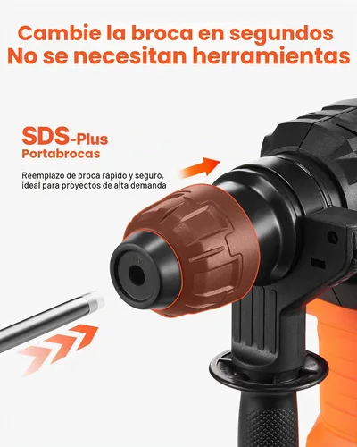 Vista 8 de VEVOR - Rotomartillo SDS-Plus de 1-1/4 pulgadas, taladro con cable de 13 amperios, martillos de astilla de servicio pesado con control de vibración