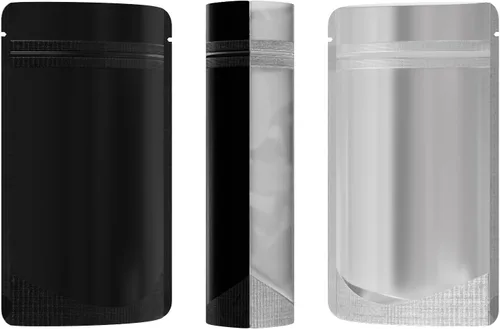Vista 2 de 100 bolsas de sellado con cremallera resellables de papel metálico de color transparente esmerilado para ventana (negro, soporte 2 onzas)