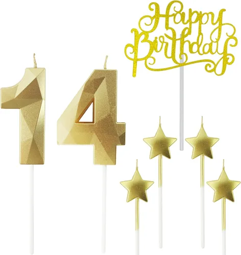 Vista 43 de Velas de cumpleaños doradas con número 20 y velas de estrella de cumpleaños de 7 cm Velas para pastel de cumpleaños en forma de diamante 3D son