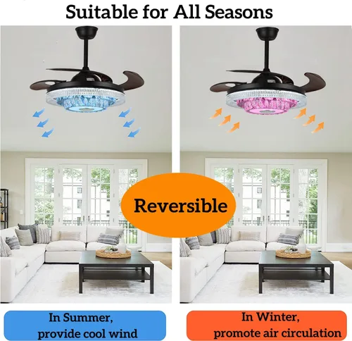 Vista 4 de Ventilador de techo reversible de 42 pulgadas con luces altavoz Bluetooth, lámpara inteligente de cristal regulable de 7 colores con control remoto