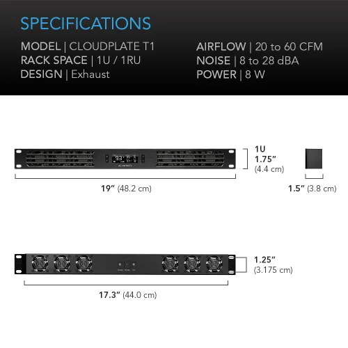 Vista 6 de AC Infinity CLOUDPLATE T1, panel de ventilador de montaje en rack 1U, flujo de aire de escape, para refrigeración AV, cine en casa, racks de red